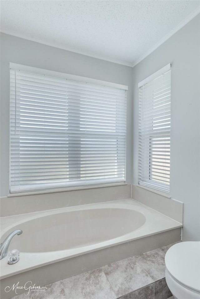 bathroom with a washtub, a textured ceiling, and toilet