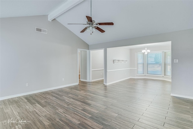 empty room featuring high vaulted ceiling, beam ceiling, ceiling fan with notable chandelier, and light wood-type flooring