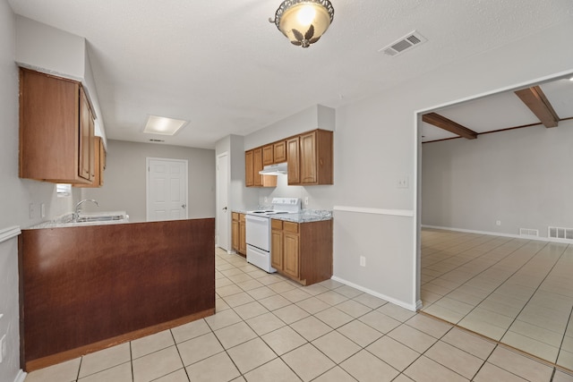 kitchen featuring light tile patterned flooring, sink, beam ceiling, white range with electric cooktop, and a textured ceiling