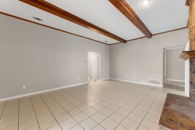 unfurnished living room with a brick fireplace, light tile patterned floors, ornamental molding, and beamed ceiling