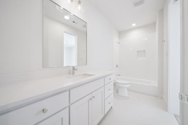 full bathroom with vanity, toilet, tiled shower / bath combo, and tile patterned flooring