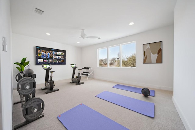 workout area with carpet floors and ceiling fan