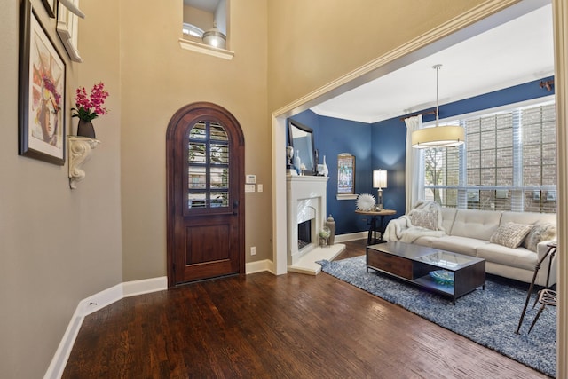 entrance foyer with a fireplace with raised hearth, a high ceiling, wood finished floors, and baseboards