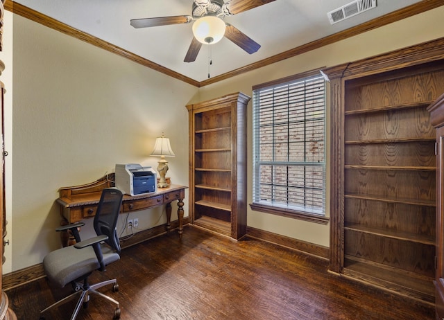 office with dark wood-type flooring, ceiling fan, and ornamental molding