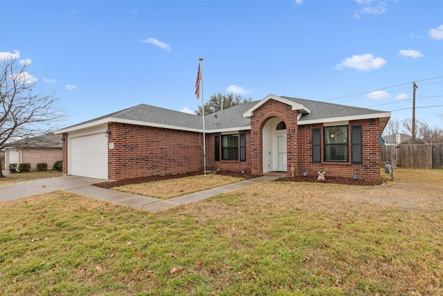 ranch-style home with a garage and a front lawn