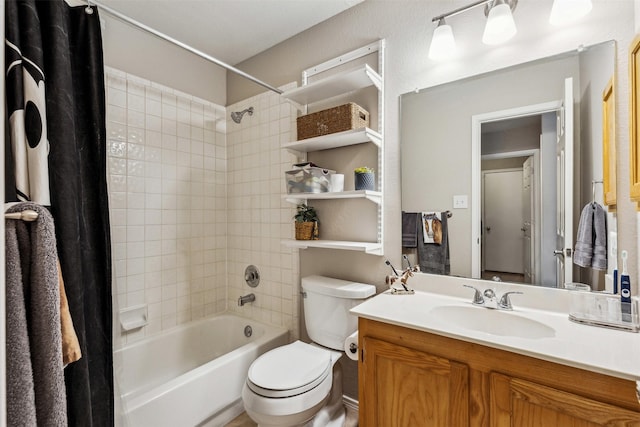 full bathroom featuring shower / bathtub combination with curtain, vanity, and toilet