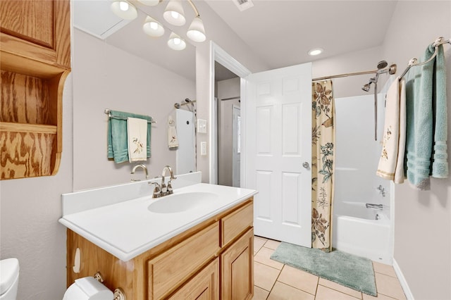 full bathroom featuring tile patterned flooring, vanity, shower / bath combination with curtain, and toilet