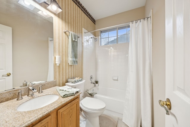 full bathroom with shower / bath combination with curtain, vanity, toilet, and tile patterned flooring