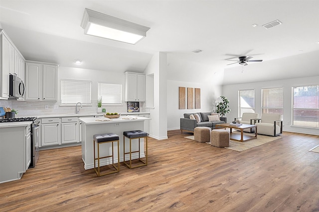 kitchen featuring white cabinetry, lofted ceiling, appliances with stainless steel finishes, and a center island