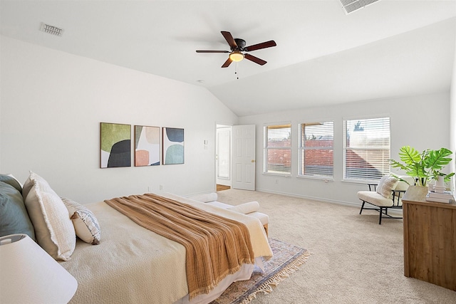 bedroom featuring lofted ceiling, light colored carpet, and ceiling fan