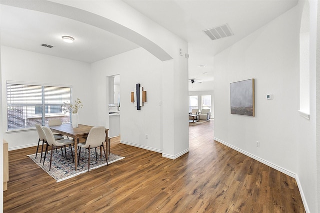 dining area featuring ceiling fan, plenty of natural light, and dark hardwood / wood-style floors