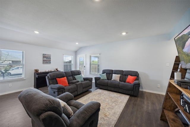 living room with dark wood-type flooring and lofted ceiling