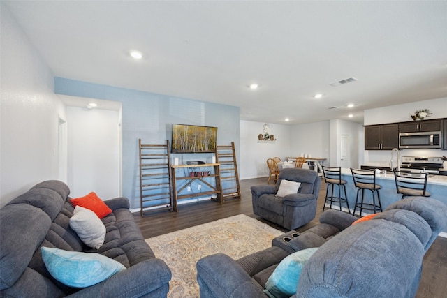 living room featuring dark wood-type flooring and sink