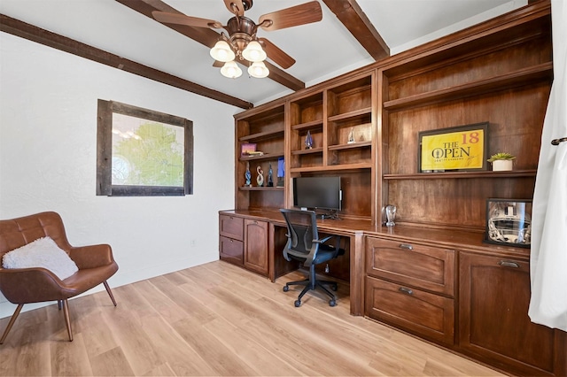 office with ceiling fan, built in desk, light hardwood / wood-style floors, and beamed ceiling