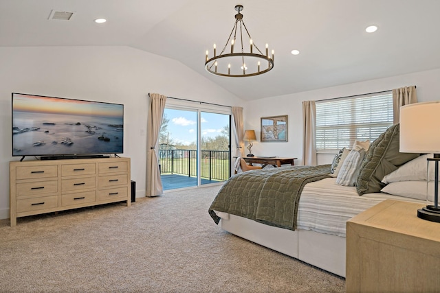 209 Mary Fitch Rd, Sherman, TX 75090 - carpeted bedroom with access to outside, a chandelier, lofted ceiling, recessed lighting, and baseboards