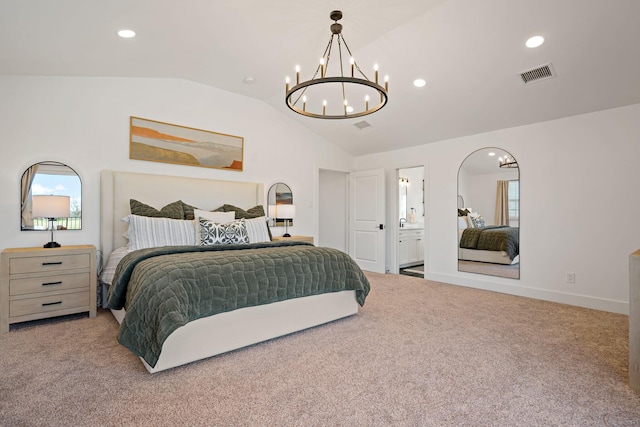 209 Mary Fitch Rd, Sherman, TX 75090 - bedroom featuring vaulted ceiling, carpet, a chandelier, recessed lighting, and connected bathroom