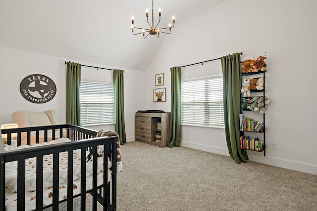 209 Mary Fitch Rd, Sherman, TX 75090 - bedroom with a chandelier, light colored carpet, high vaulted ceiling, a crib, and baseboards