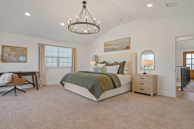 209 Mary Fitch Rd, Sherman, TX 75090 - carpeted bedroom featuring a chandelier, lofted ceiling, and recessed lighting