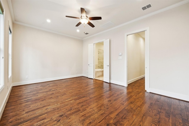 unfurnished room featuring ornamental molding, dark hardwood / wood-style floors, and ceiling fan