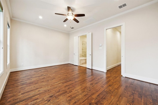 2134 Canton St, Dallas, TX 75201 - spare room with dark wood-style flooring, ornamental molding, baseboards, ceiling fan, and visible vents