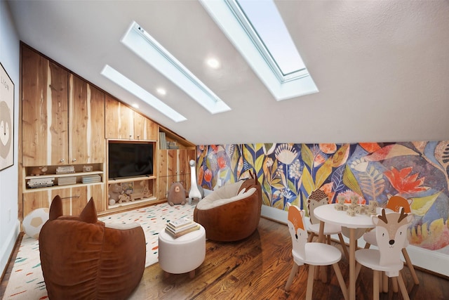 living room featuring lofted ceiling and dark hardwood / wood-style flooring