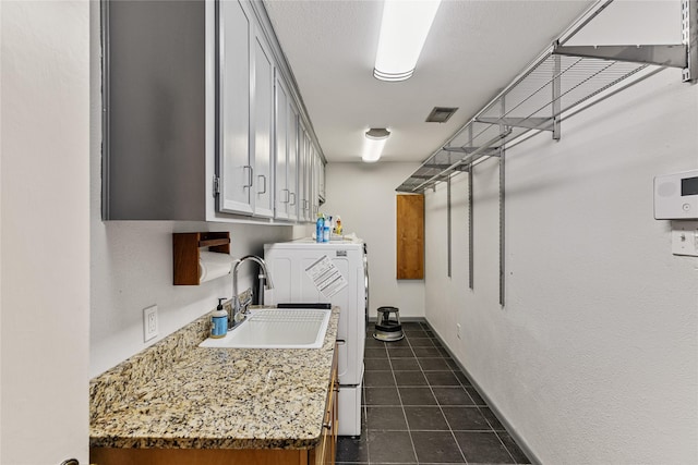 washroom featuring cabinets, dark tile patterned flooring, and sink