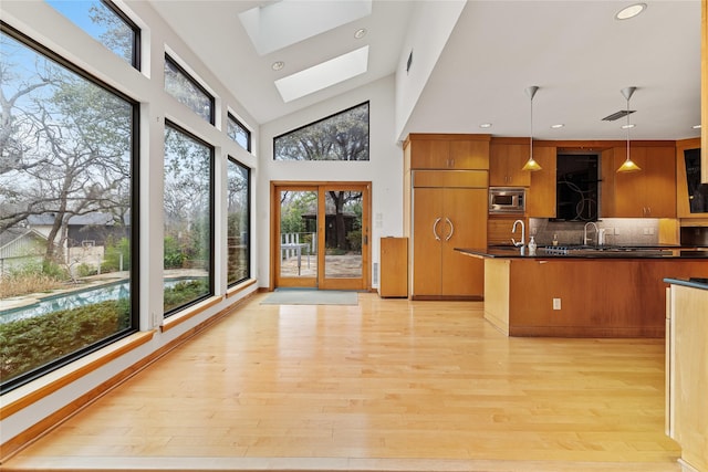 kitchen featuring light hardwood / wood-style floors, pendant lighting, built in appliances, and a skylight