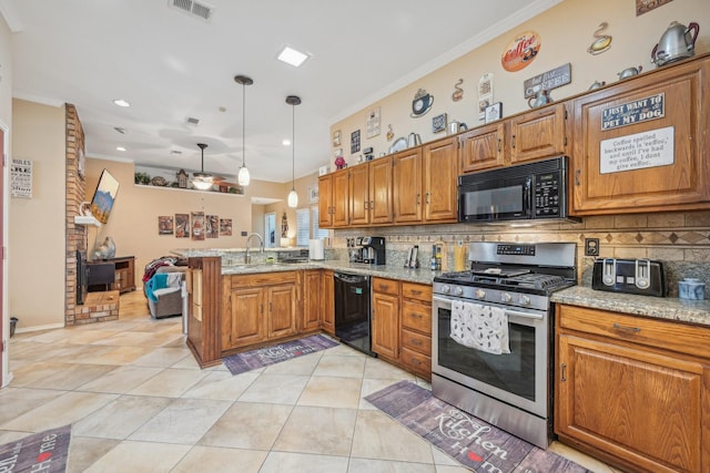 kitchen with pendant lighting, black appliances, ornamental molding, light stone counters, and kitchen peninsula