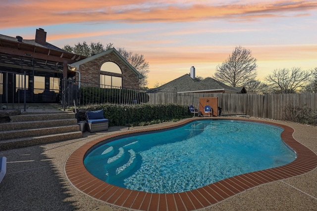 view of pool featuring a fenced in pool, a fenced backyard, and a patio area