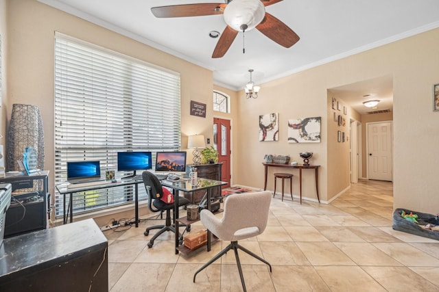 tiled office space featuring crown molding and ceiling fan