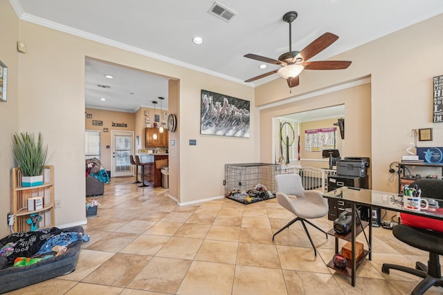 tiled office space with crown molding and ceiling fan