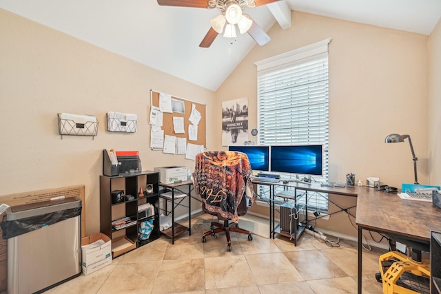 office space with ceiling fan and lofted ceiling with beams