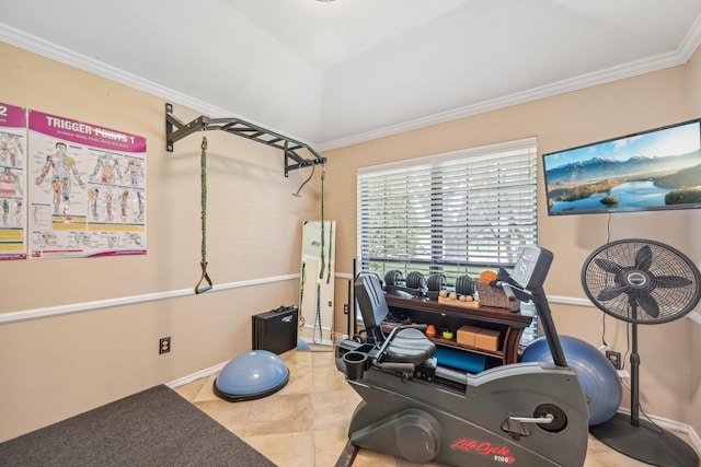 workout room with crown molding and light tile patterned floors