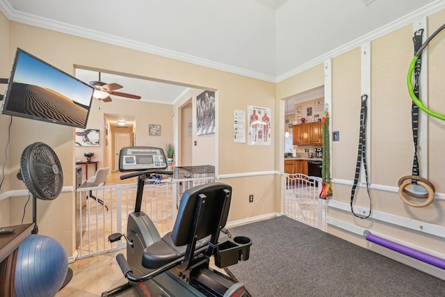 exercise area with crown molding and ceiling fan