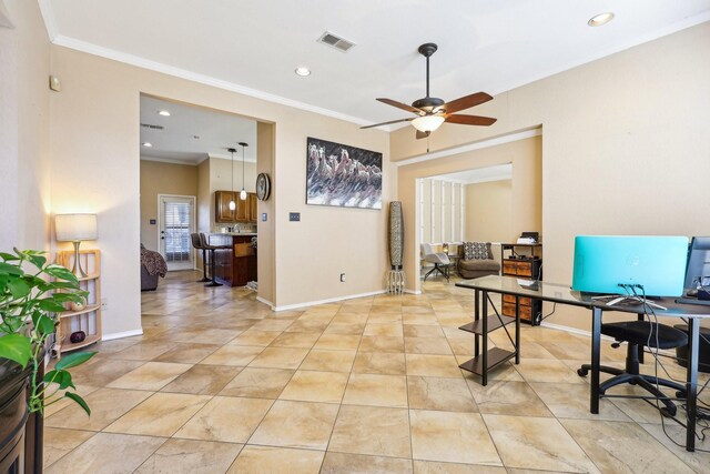 living room featuring light tile patterned floors, crown molding, and ceiling fan