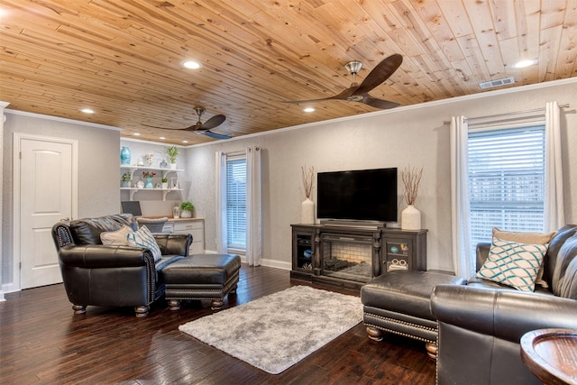 living room with crown molding, hardwood / wood-style floors, wood ceiling, and ceiling fan