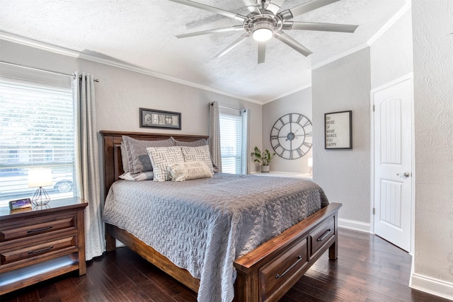 bedroom featuring ornamental molding, dark hardwood / wood-style flooring, and a textured ceiling