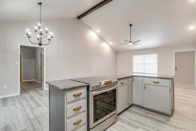 kitchen with vaulted ceiling with beams, stainless steel range with electric cooktop, light hardwood / wood-style floors, and kitchen peninsula