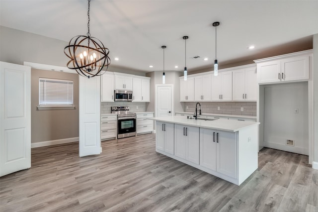 kitchen featuring white cabinetry, pendant lighting, and stainless steel appliances