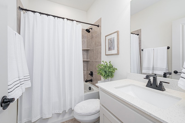 full bathroom with vanity, shower / bath combination with curtain, and toilet