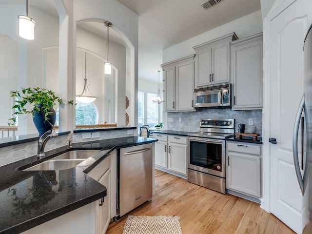 kitchen featuring sink, tasteful backsplash, dark stone countertops, appliances with stainless steel finishes, and pendant lighting