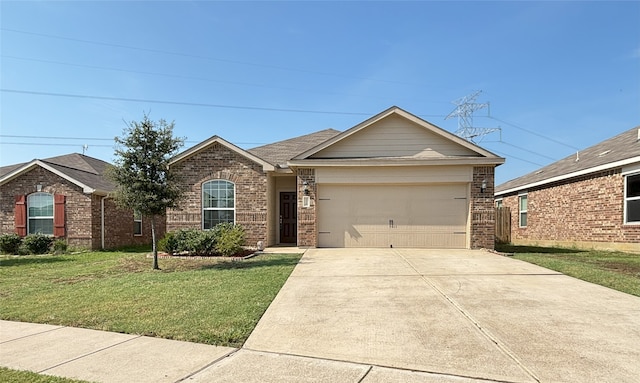 ranch-style house with a garage and a front lawn