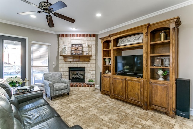 living room featuring recessed lighting, a fireplace, crown molding, and ceiling fan