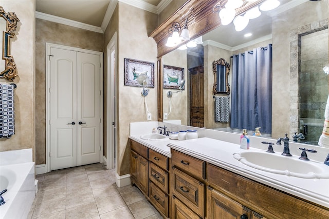 bathroom featuring double vanity, ornamental molding, tile patterned floors, a garden tub, and a sink