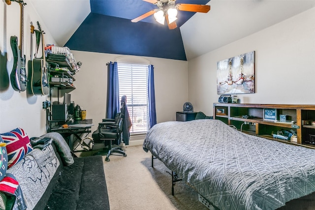 bedroom with carpet floors, lofted ceiling, and ceiling fan