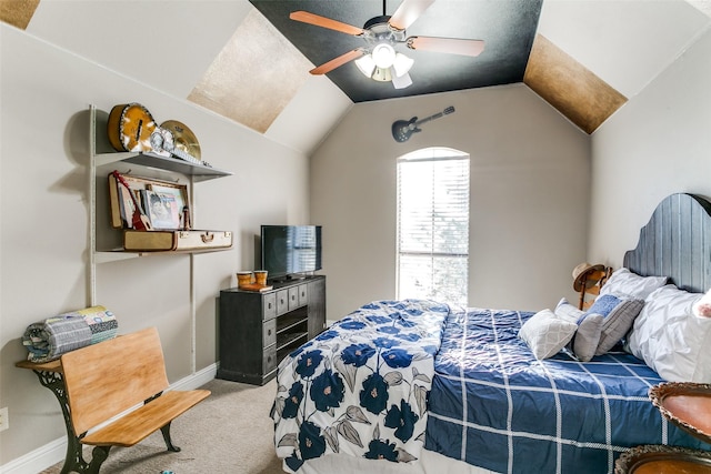 bedroom with carpet, ceiling fan, lofted ceiling, and baseboards