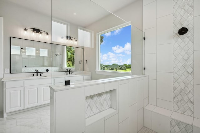 1027 Estancia Blvd, Weatherford, TX 76088 - bathroom featuring walk in shower, marble finish floor, and vanity