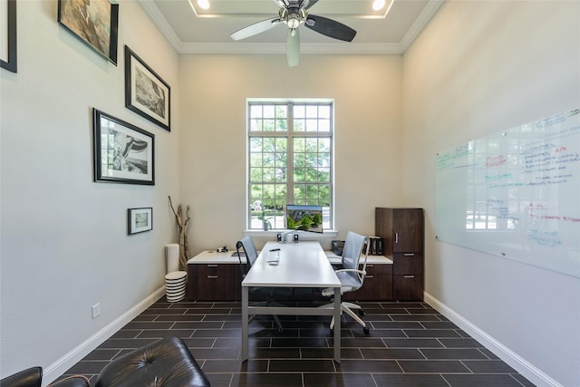 home office featuring ceiling fan and ornamental molding