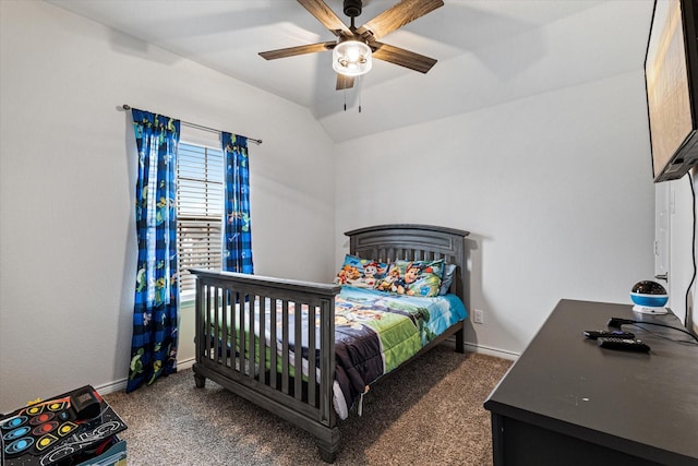 carpeted bedroom with lofted ceiling and ceiling fan