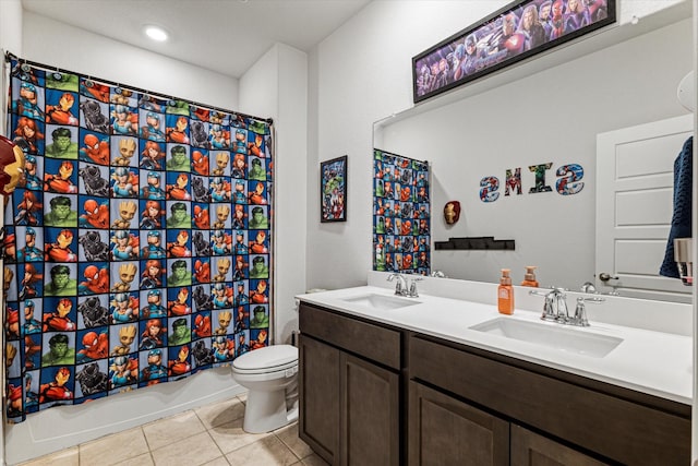 full bathroom with shower / bathtub combination with curtain, tile patterned floors, toilet, and vanity